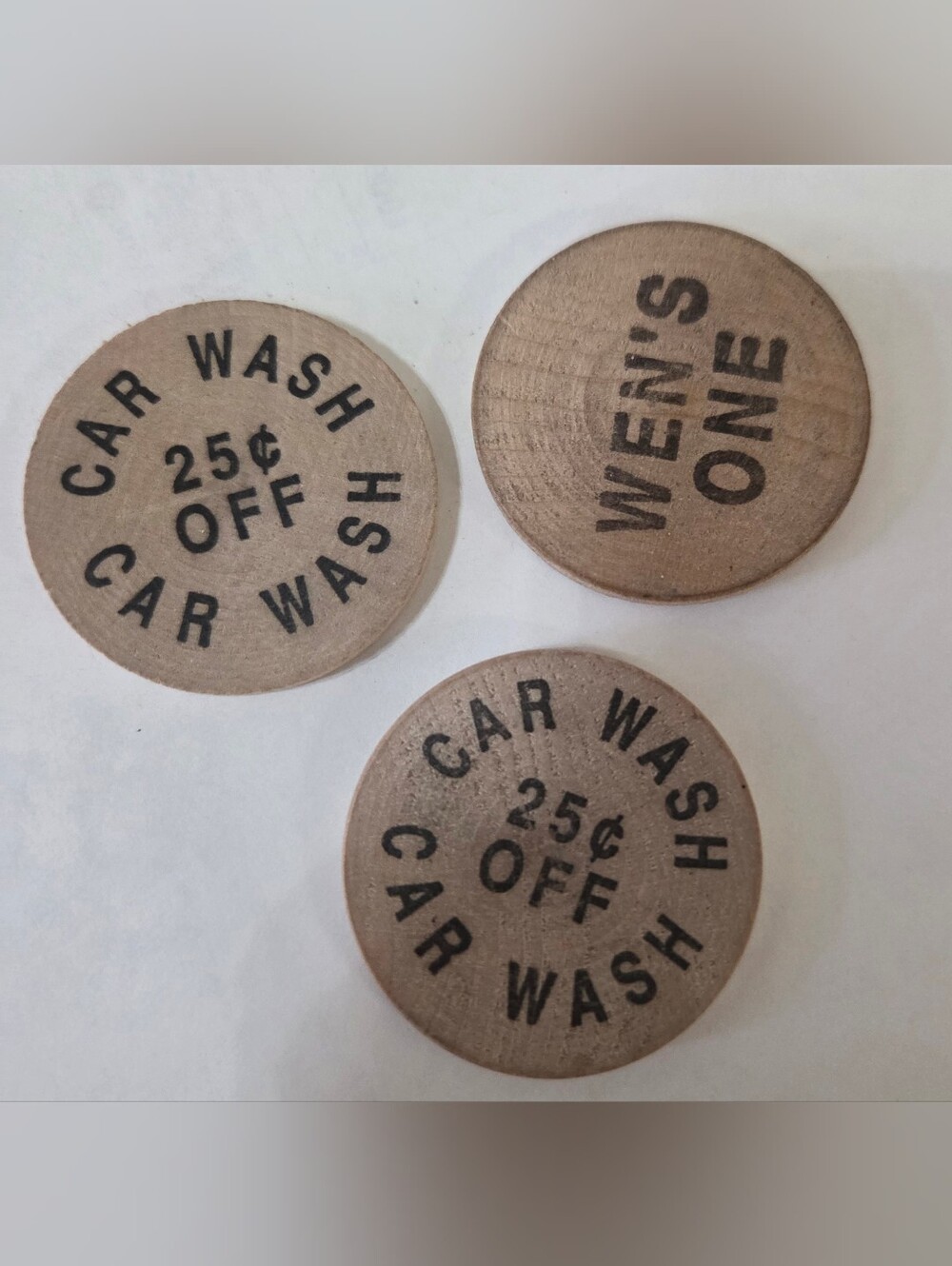 Vintage Wens car wash wooden nickels tokens set